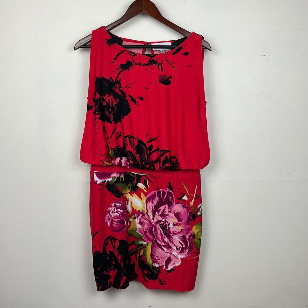 Studio I Sheath Dress 6 Red Floral Blouson Split Back Maximalist Y2K